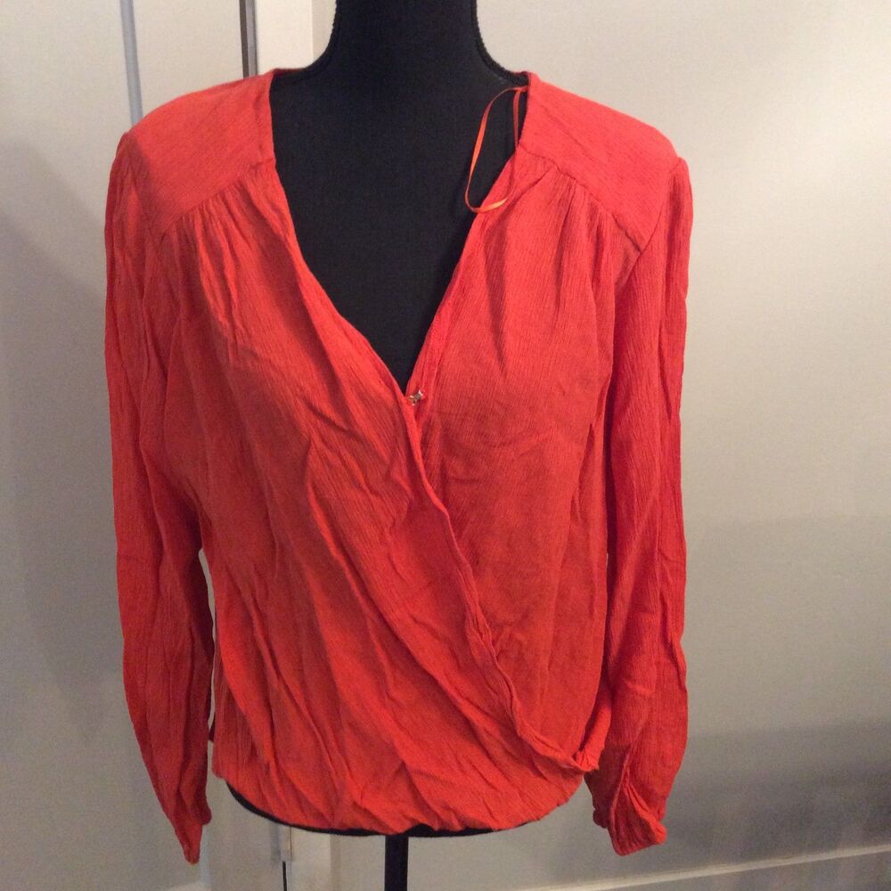 Red Free People Peplum Surplice Shirt Large L Long Sleeve